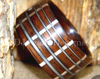 Bentwood Ring - &quot;The Guitar Man&quot; Rosewood, Silver Frets, Mother of Pearl Dot Inlays and Stainless Steel Guitar Strings