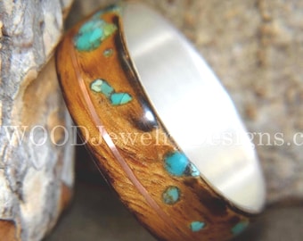 Bentwood Ring - "Random Smoky" Olivewood Ring on Silver Core, Offset Copper and Turquoise Inlays