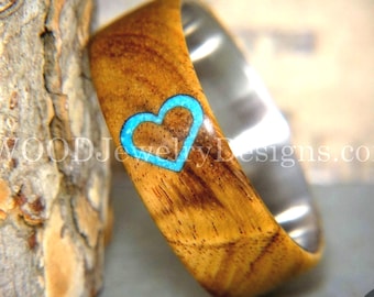 Bentwood Ring: Rosewood, Turquoise Heart Inlay, Stainless Steel Core
