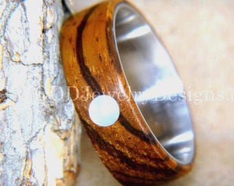 Zebrawood Bentwood Ring: Mother of Pearl Inlay, Surgical Steel Core