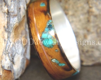 Bentwood Ring - "Random Smoky" Olivewood Ring on Silver Core, Offset Copper and Turquoise Inlays