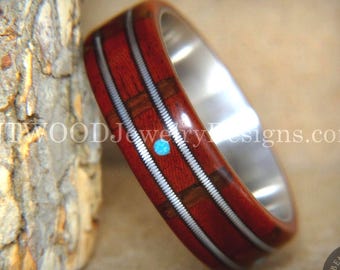Bentwood Ring - &quot;Tracks Melody&quot; Padauk on Titanium with Guitar Fret Inlay using Walnut and Turquoise Inlays