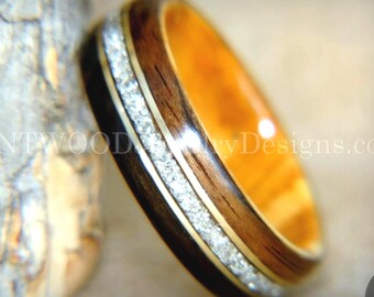 Bentwood Ring - "Tracks" Ebony and Olive Wood Ring Gold Wire and Glass Inlay