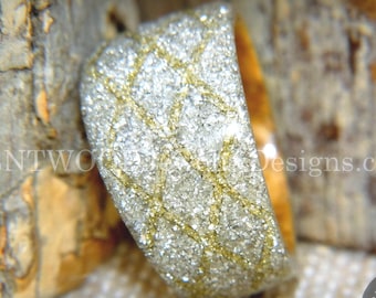 Bentwood Ring - &quot;The Gold Diamond Waffle Wedge&quot; Bethlehem Olivewood and German silver and gold glass inlay