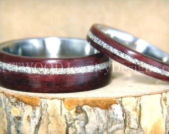 Bentwood Ring Set - &quot;Purple Heart Pair&quot; Purpleheart Wood with Silver Glass Inlay Surgical Steel Cores