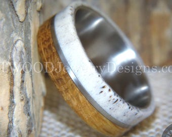 Anillo de madera curvada "El Cazador", asta de barril de whisky de Tennessee, incrustación y núcleo de titanio de roble