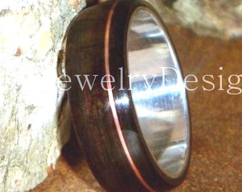 Bentwood Wood Ring - "Minimalist" Ebony Wooden Ring Fine Silver Core Copper Inlay