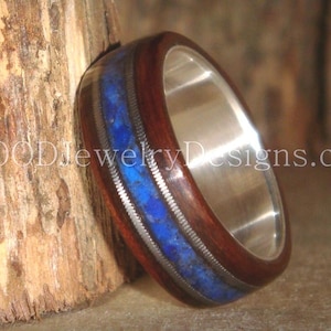 Ebony Bentwood Ring: Lapis, Guitar String Inlay, Fine Silver Core
