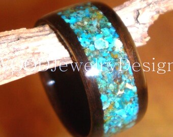 Macassar Ebony Bentwood Ring: Chrysocolla Inlay, Handcrafted Wood