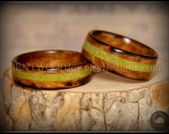 Bentwood Rings - "Smokies" Olivewood Ring Bands w/ Green Turquoise Inlays using bentwood process durable wood rings