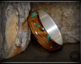 Bentwood Ring - "Random Smoky" Olivewood Ring on Silver Core, Offset Copper and Turquoise Inlays