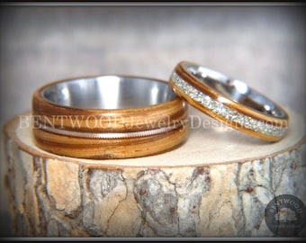 Bentwood Rings - &quot;Striped Couple&quot; Zebrawood Wooden Rings Bronze Acoustic Guitar String Inlay and Silver Glass Inlay Titanium Cores