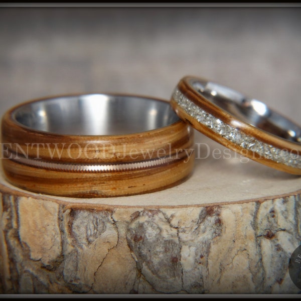 Bentwood Rings - "Striped Couple" Zebrawood Wooden Rings Bronze Acoustic Guitar String Inlay and Silver Glass Inlay Titanium Cores