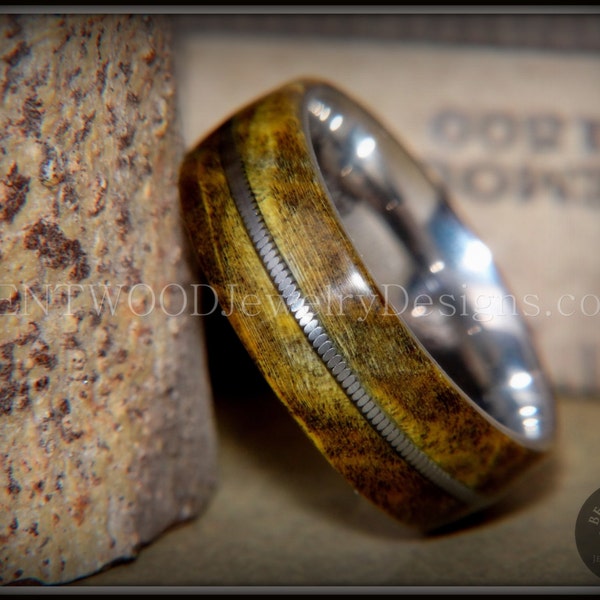 Bentwood Wood Ring - "Forest Dye" Box Elder on Surgical Stainless Steel with Silver Guitar String Inlay