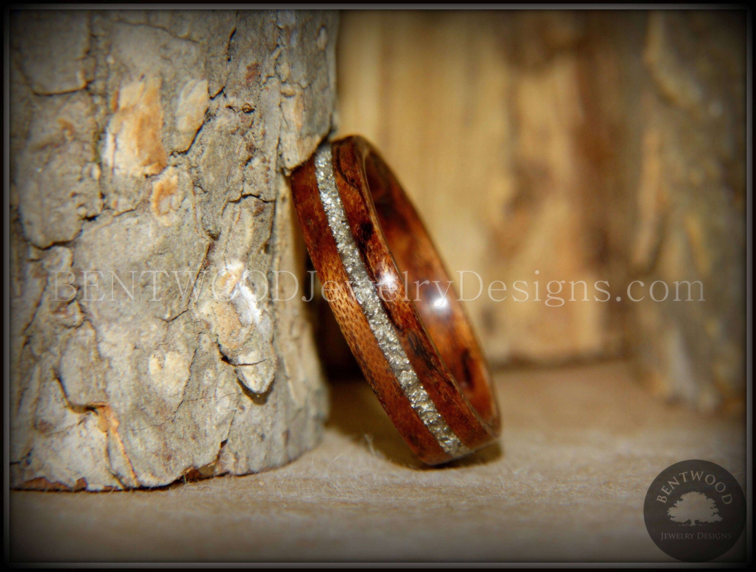 Bentwood Bubinga Wood Wedding Rings, Glass Inlay, Guitar String