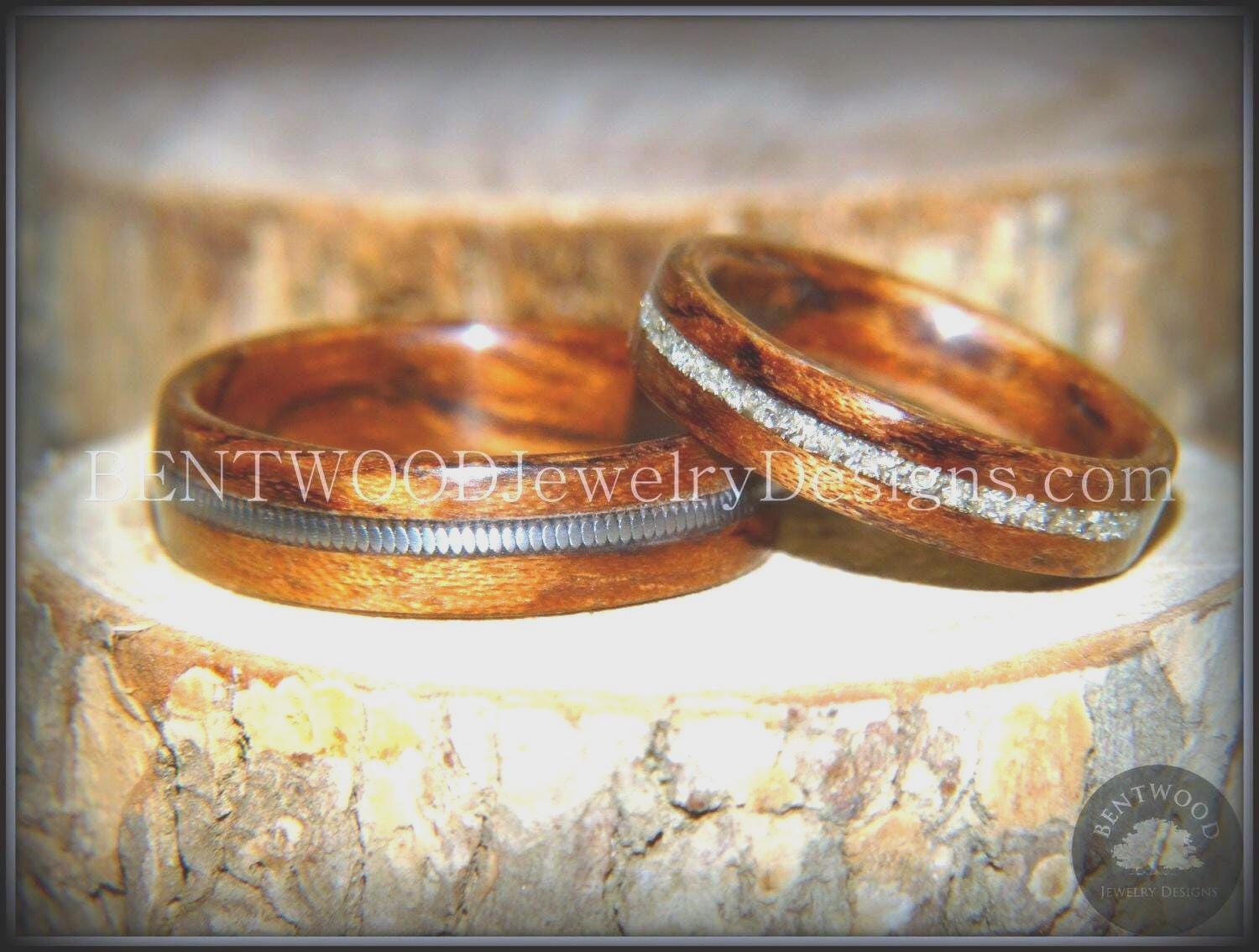 Bentwood Rings - Bubinga Wooden Rings with Electric Guitar String Inlay and Silver Glass Inlay