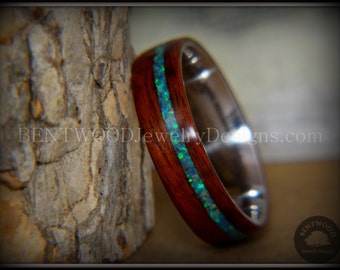 Bentwood Ring - Bentwood Rosewood "Peacock" Opal Offset Inlay on Stainless Steel Metal Core