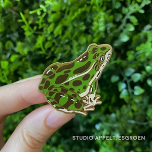 May include: A metal enamel pin shaped like a frog with a green and brown spotted pattern. The frog is depicted in a seated profile position with gold-coloured metal outlines defining its body shape, limbs, and facial features against a green background.
