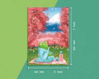 Hanami season Frog print | A5 print 5 x 7 inch cherry blossom spring time sakura mt fuji