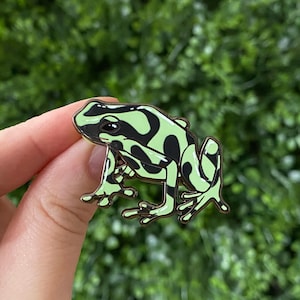 Könnte beinhalten: Eine Emaille-Anstecknadel in Form eines Frosches mit hellgrünem Körper und kräftigen schwarzen Mustern. Der Frosch ist in einer hockenden Position mit ausgestreckten Gliedmaßen dargestellt und weist dunkle Umrandungen auf.