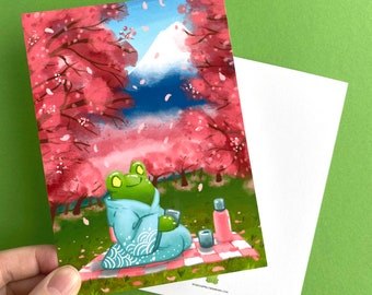 Hanami cherry blossom season Frog postcard | 4 x 6 inch hanami spring time sakura mt fuji