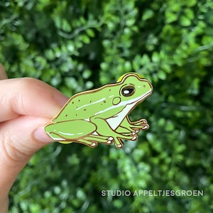 May include: A green frog enamel pin with gold-coloured trim. The pin features a detailed design of a frog with white accents and the text "STUDIO APPELTJESGROEN" at the bottom.