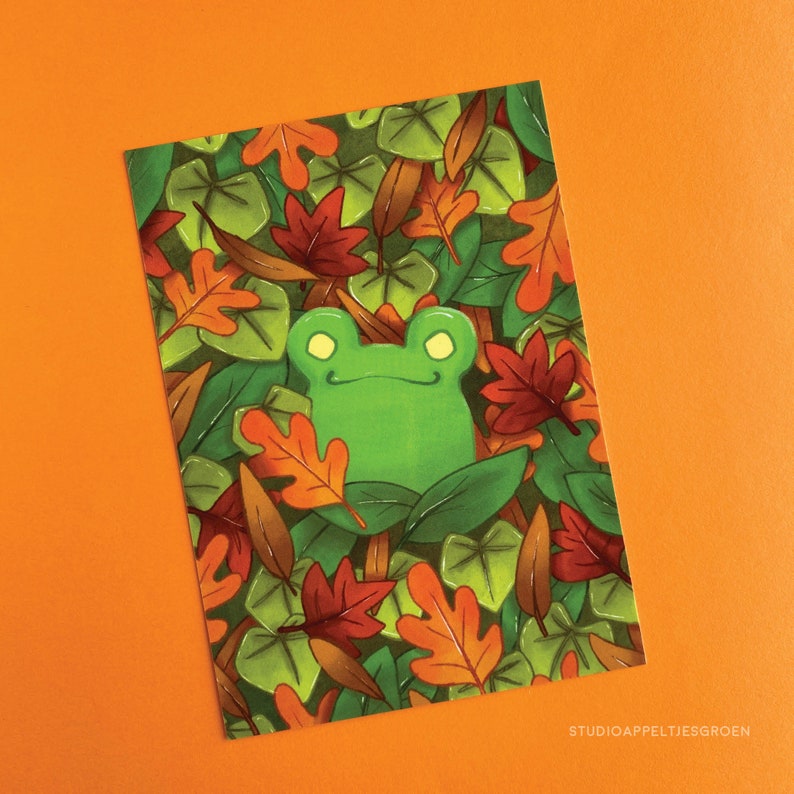 fall leaves frog postcard 4 x 6 inch autumn print image 1