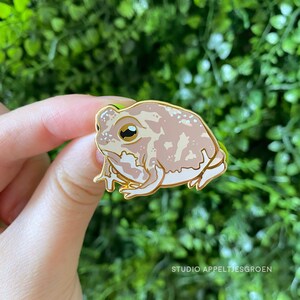 May include: An enamel pin depicting a stylized frog in tan and white with a gold border. The pin has a shiny finish and is set against a green backdrop. The text "STUDIO APPELTJESGROEN" is visible. A decorative accessory.