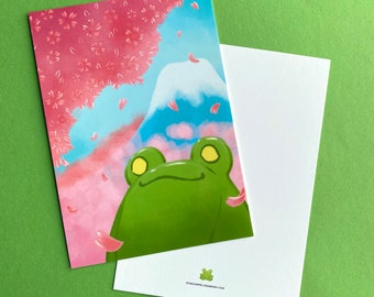 Cherry blossom season Frog postcard | 4 x 6 inch hanami spring time sakura mt fuji