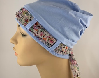 Chemo Headwear, Blue Turban Hat with garden floral scarf, Head Covering Boho Hat for Womens Hair Loss, Chemo Cap