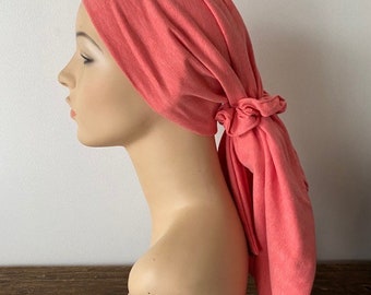 Coral Gypsy Headscarf for Women, Modern Hair Loss Cancer Head Scarf, Chemo Hat, Soft Cotton Lycra Hat
