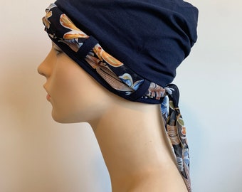 Cotton Cancer Hat for hair loss, Navy Landa Turban Hat with autumn Scarf, ladies Hat for Hair Loss, Cancer Hat, Alopecia Hat, Chemo Headwear