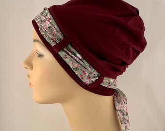 Chemo headwear, Burgundy Cancer Turban with sage floral scarf, Hat for womens hair loss, Cancer Hat, Chemo cap, Chemo Head wear, chemo gift