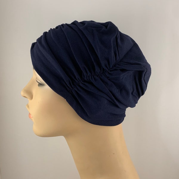 Navy Blue soft chemo headwear, Pleated Beanie hair loss cover, Modern Hat for Womens Hair Loss, ladies hospital hats, cancer care package,