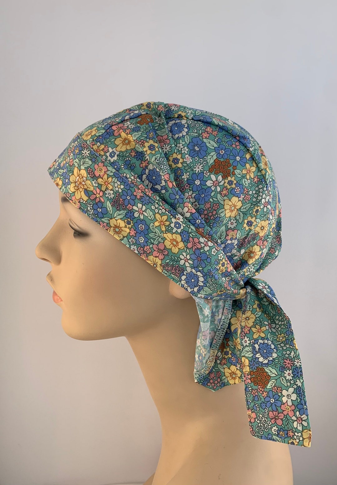 Fitted Green and Yellow Floral Bandana, Hair Loss Covering , Women's