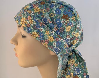 Fitted green and yellow floral bandana, Hair loss Covering , Women's Hair Loss Cancer Hat, Hospital Cap, Chemo Headwear, cancer care package