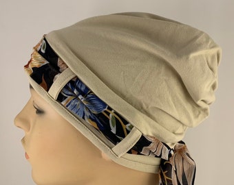 Chemo headwear, Stone Landa Turban hat with navy blue floral scarf, Hat for women's hair loss, Cancer gift, Chemo cap, Chemo Head wear.