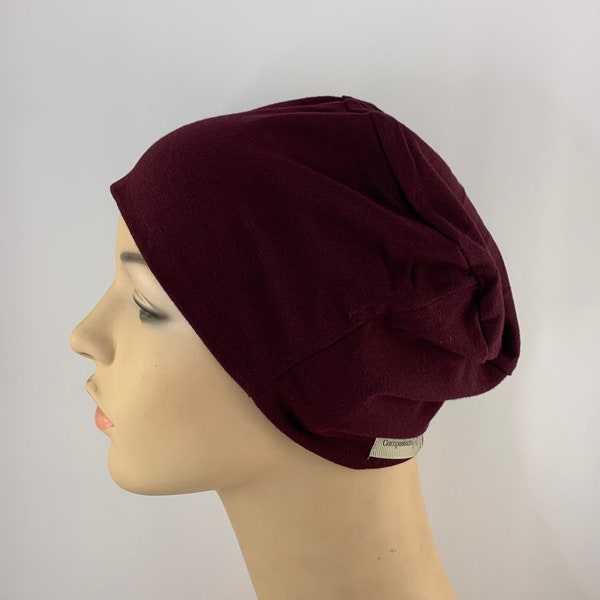 Soft chemo Hat, Chemo Headwear Burgundy Sleep Cap, Women Hair Loss Cover, Hospital Chemo Cap, Alopecia Hat, chemo care package, cancer gift