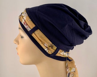 Cotton Cancer Hat for hair loss, Navy Turban with butterscotch Scarf, ladies Hat for Hair Loss, Cancer Hat, Alopecia Hat, Chemo Headwear