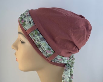 Ladies Chemo headwear, punch turban with pink & green scarf, women hair loss, Cancer treatment, Chemo cap, cancer gift, chemo care package