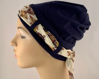 Cotton Cancer Hat for hair loss, Navy Turban Hat with creme Scarf, ladies Hat for Hair Loss, Cancer Hat, Alopecia Hat, Chemo Headwear