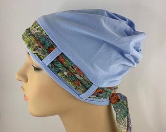 Chemo Headwear, Blue Turban Hat with abstract floral scarf, Head Covering Boho Hat for Womens Hair Loss, Chemo Cap