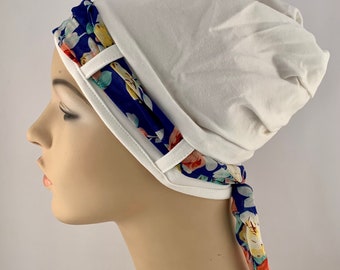 Ladies Chemo headwear, Ivory turban with blue floral scarf, women hair loss, Cancer treatment, Chemo cap, cancer gift, chemo care package