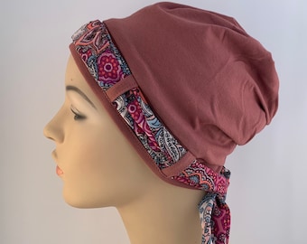 Ladies Chemo headwear, punch turban with pink & purple scarf, women hair loss, Cancer treatment, Chemo cap, cancer gift, chemo care package