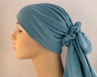 Light blue Gypsy Headscarf for Women with long hair, Cancer Hair Loss Head Scarf, Chemo Hat, Soft Cotton Lycra Hat, chemo care package