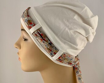 Ladies Chemo headwear, Ivory turban with fine floral scarf, women hair loss, Cancer treatment, Chemo cap, cancer gift, chemo care package