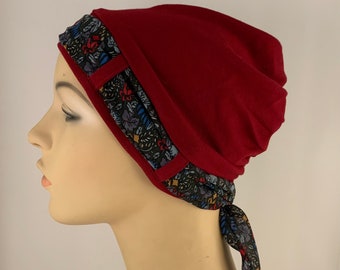 Ladies Chemo Headwear, Cranberry Turban with fine floral grey Scarf, Hair Loss from chemo treatment, Chemo hospital hat, cancer patient gift