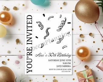 Modern Black and White Confetti Birthday Invite Template - Customizable Design