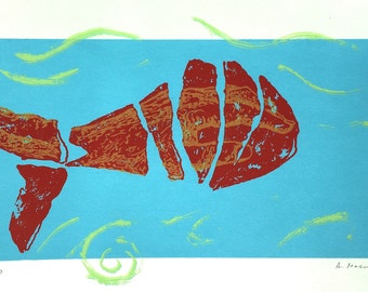 May include: A red and orange fish print on a blue background with green swirls. The print is numbered 3/10 and signed "A. Mason '16".