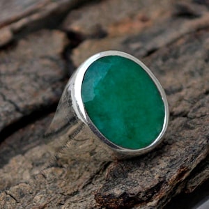 Natural Emerald Gemstone Ring, Large Ovel Faceted Emerald Ring, May Birthstone Gift Ring, 925 Sterling Silver Ring, Men&#39;s Gift Ring Jewelry